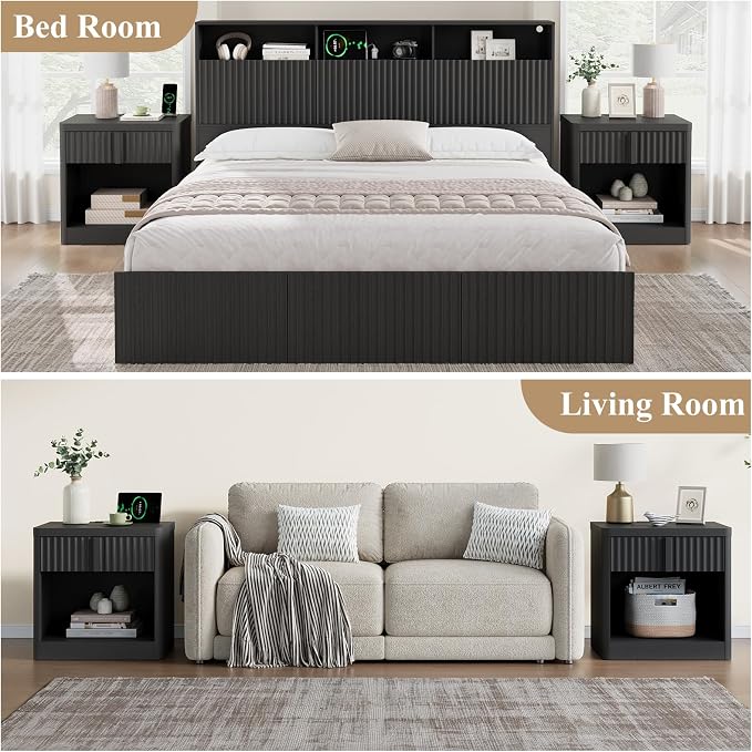 Fluted Nightstand with Charging Station, 23.6" End Table with Solid Wood Handle - Image 7