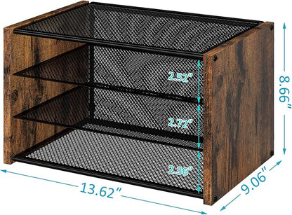 3-Tier Paper Letter Tray, Wooden Desk File Organizer, Stackable Metal Mesh Desk - Image 3