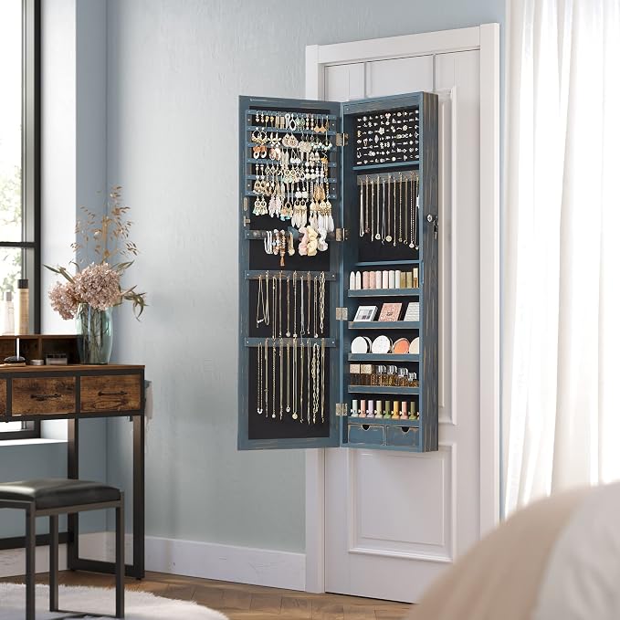 SONGMICS 6 LEDs Mirror Jewelry Cabinet, 47.2-Inch Tall Lockable Wall or Door - Image 8
