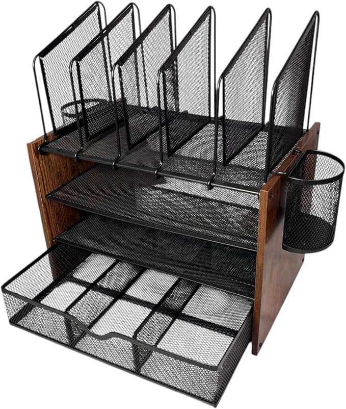 4-Tier Wood & Metal Desk Organizer – Vertical File Tray, Pen Holder & Drawer | - Image 9