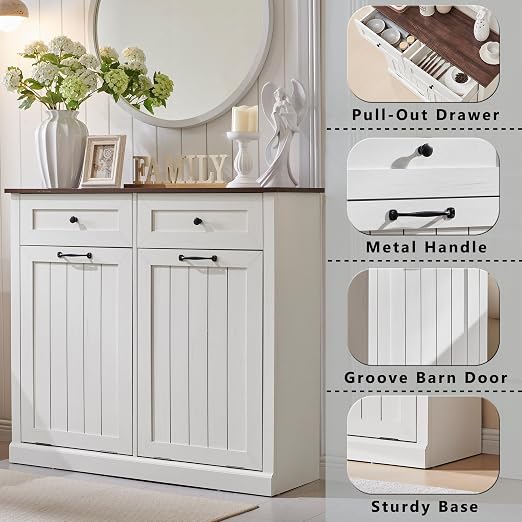 Double Tilt Out Trash Cabinet, 20 Gallon Farmhouse Laundry Hamper Cabinet - Image 3