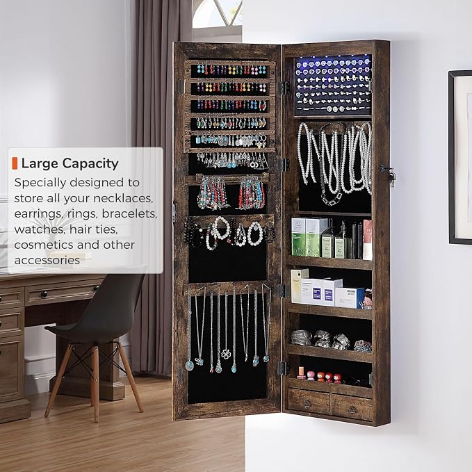 GISSAR Full Length Mirror Jewelry Cabinet, 6 LEDs Jewelry Armoire Wall Mounted - Image 3