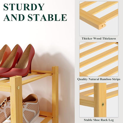 Smiry Bamboo Shoe Rack for Closet, 3 Tier Wooden Stackable Shoe Organizer - Image 3