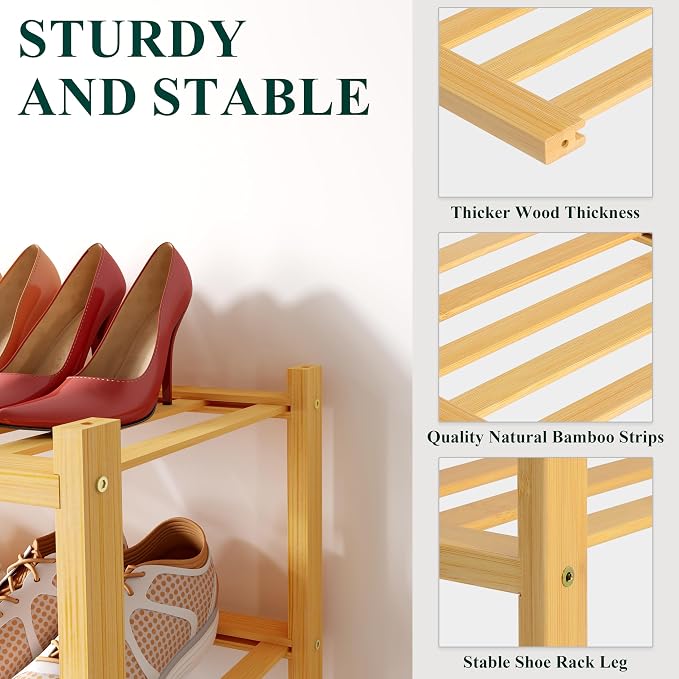 Smiry Bamboo Shoe Rack for Closet, 4 Tier Wooden Stackable Shoe Organizer - Image 3