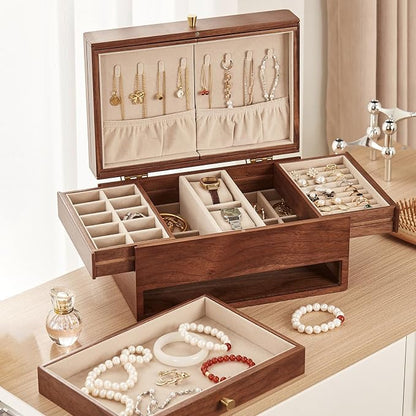 Wooden Jewelry Box for Women, 3 Level Multi-functional Drawers Black Walnut - Image 6
