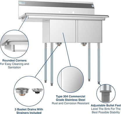 KoolMore 2 Compartment Stainless Steel NSF Commercial Kitchen Prep & Utility - Image 5