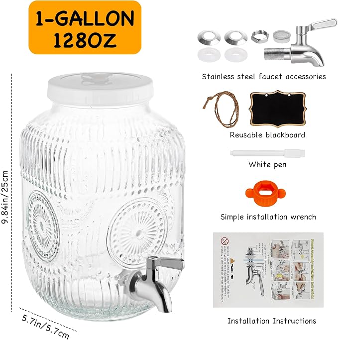 Amzcku 1 Gallon Glass Beverage Dispenser, 18/8 Stainless Steel Spigot and Lid - Image 2
