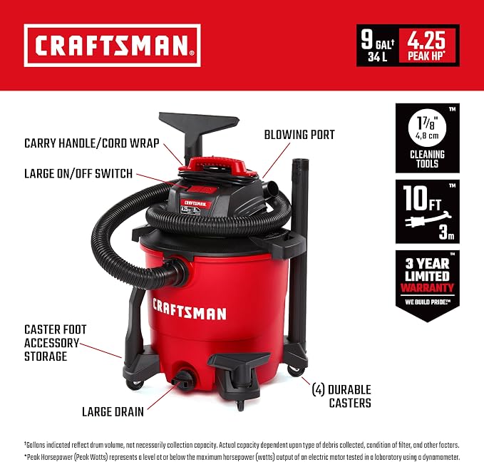 CRAFTSMAN CMXEVBE18590 9 Gallon 4.25 Peak HP Wet Dry Vac, Portable Shop Vacuum - Image 2
