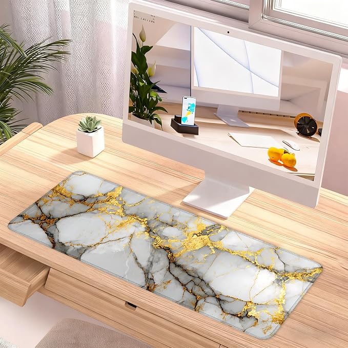 White Marble Mouse Pad – Large Extended Desk Mat 31.5 x 11.8 in– Elegant Gold - Image 2