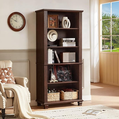 70" Tall Walnut Bookshelf, 5 Tier Wooden Book Shelf - Image 6