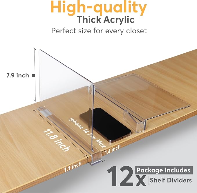 12 Pack Acrylic Shelf Dividers for Closet Organization 11x7.9 Inch – Clear - Image 7