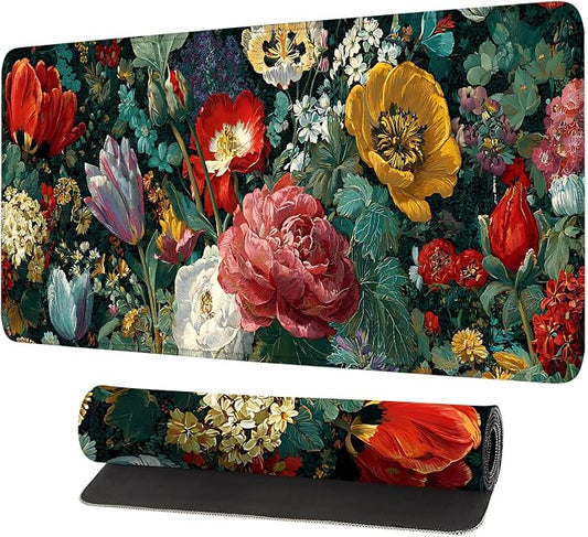 Vintage Oil Painting Floral Mouse Pad – Large Extended Desk Mat 31.5 x 11.8 in– by LEIWEIHOPE