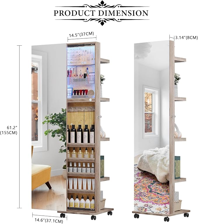 HNEBC 360° Rotating LED Jewelry Armoire, Full Length Mirror - Image 5