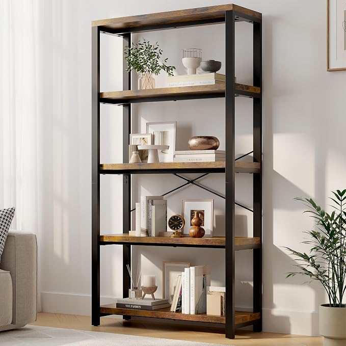 5-Tier Adjustable Heavy Duty Bookshelf, Industrial Wooden Open Storage Rack by WelcometoIABIFO