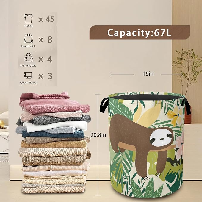 Laundry Hamper, Cute Funny Sloth Laundry Basket, Palm Leaf Waterproof Oxford - Image 3