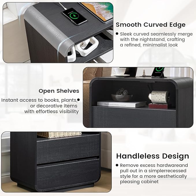 Curved Black Nightstand with Charging Station, Modern Bedside Table with 2 - Image 6