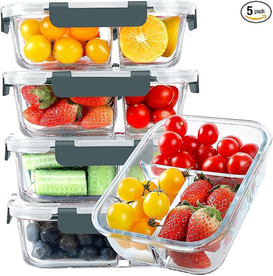 KOMUEE Glass Meal Prep Containers 3 Compartments, 5 Pack 36 oz, Glass Food by KOMUEEUS