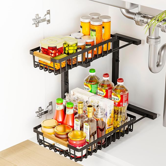 Under Sink Organizers, 2 Tier Pull Out Under Cabinet Organizer，Height by BXINREDA