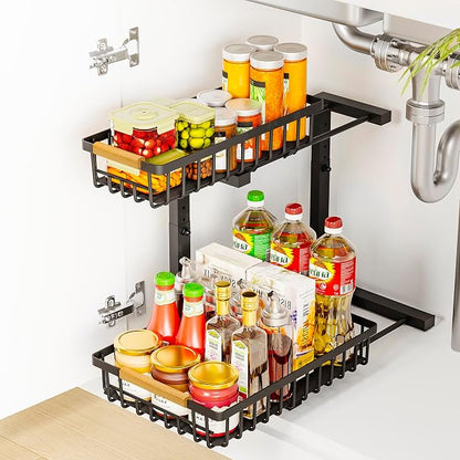 Under Sink Organizers, 2 Tier Pull Out Under Cabinet Organizer，Height by BXINREDA