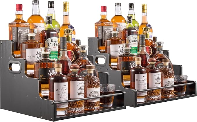 2 Pack 4-Tier Liquor Bottle Display Shelf, 16-Inch Wooden Bar Shelves by Unknown