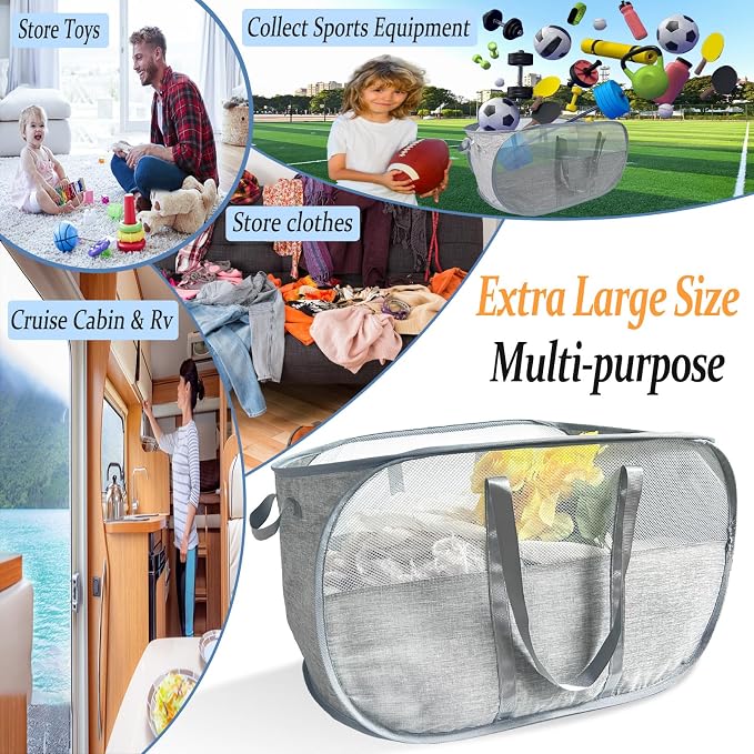 100L Collapsible Laundry Baskets 2 Pack, Extra Large Mesh Pop Up Laundry Hamper - Image 4