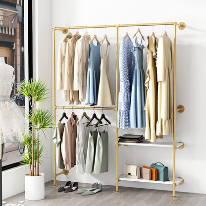 Gold Pipe Clothes Racks with White Shelves, Industrial Pipe Gold Clothing Rack - Image 6