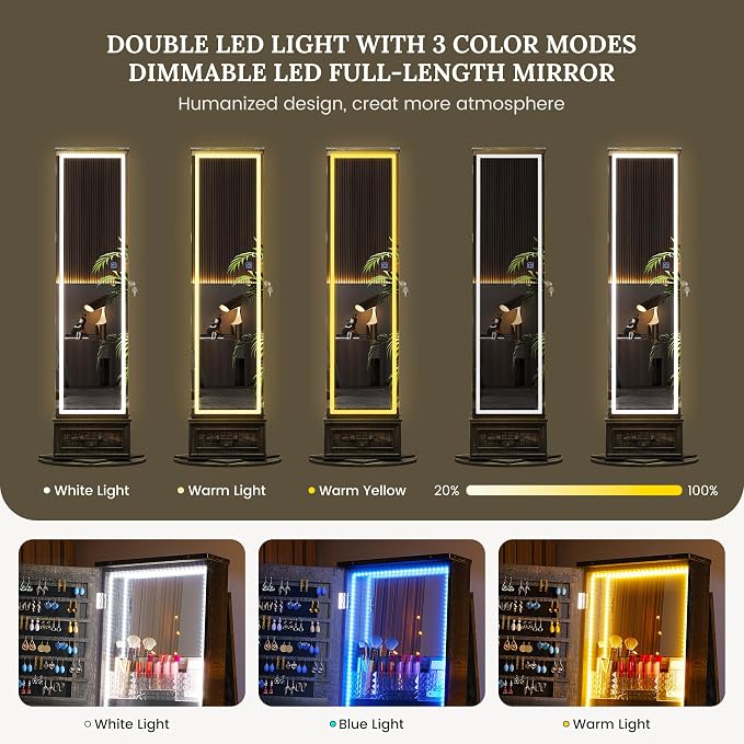 LVSOMT LED Mirror Jewelry Cabinet Standing, 360°Swivel Jewelry Armoire - Image 7