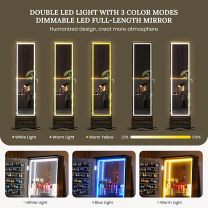 LVSOMT LED Mirror Jewelry Cabinet Standing, 360°Swivel Jewelry Armoire - Image 7