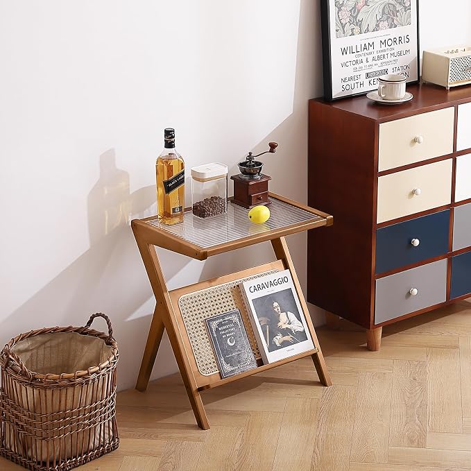 Tiita Rattan Nightstand Side Table, Bamboo Accent Bedside Tables, Glass Coffee - Image 9
