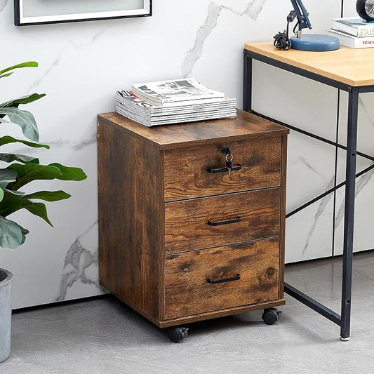 File Cabinet with Lock 3 Drawer Mobile Filing Cabinet with 360° Swivel Wheels by OFCASA