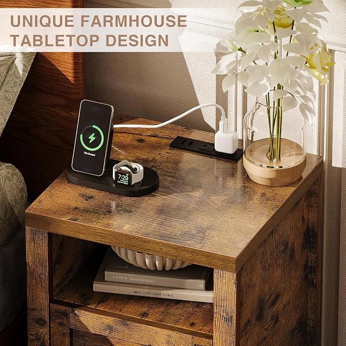 Farmhouse Nightstand with Charging Station, Couch Side Table Set of 2, Bedside - Image 4