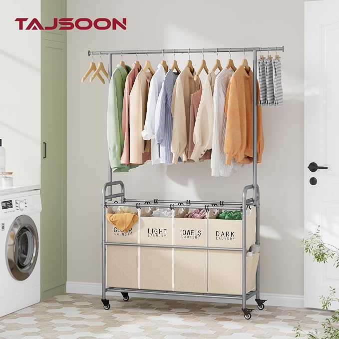 Tajsoon Laundry Hamper with Hanging Rack, Laundry Sorter 4 Sections, 4 Basket - Image 2