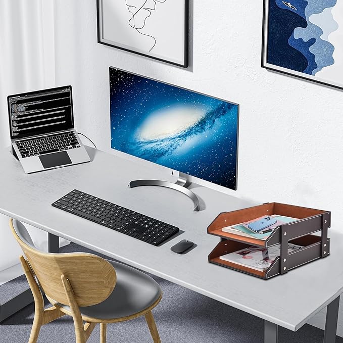 Leather Desk Organizer, 2-Tier Stackable Letter Tray Holder, Office Supplies - Image 7