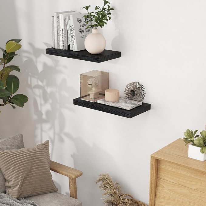 Black Floating Shelves for Wall, 16 Inch Wall-Mounted Bathroom Shelves Set of 2 - Image 2