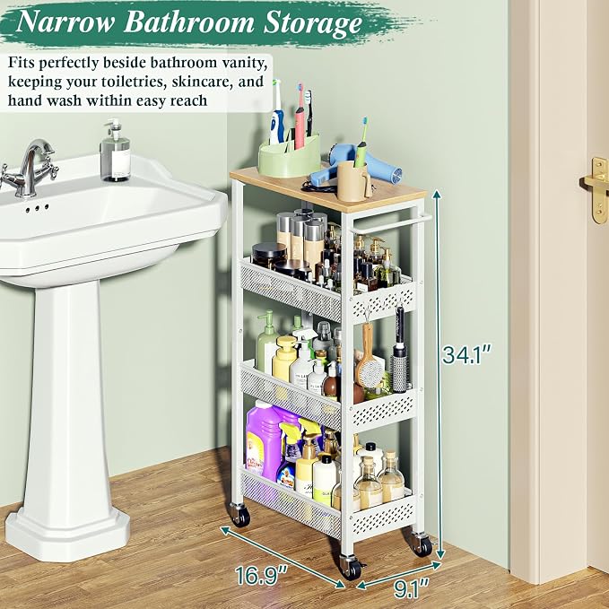 Utility Slim Storage Cart, 4-Tier Narrow Bathroom Organizers and Storage Cart - Image 3