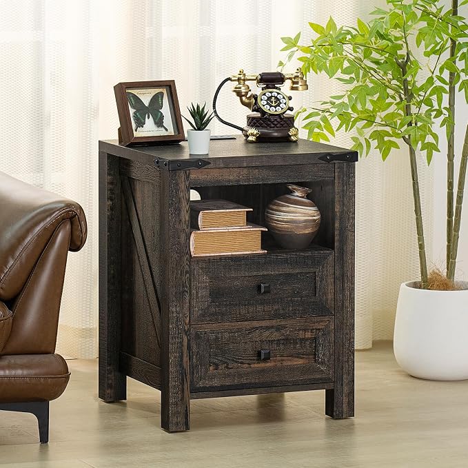Nightstand with Charging Station and USB Port, Farmhouse Side End Table with 2 - Image 6