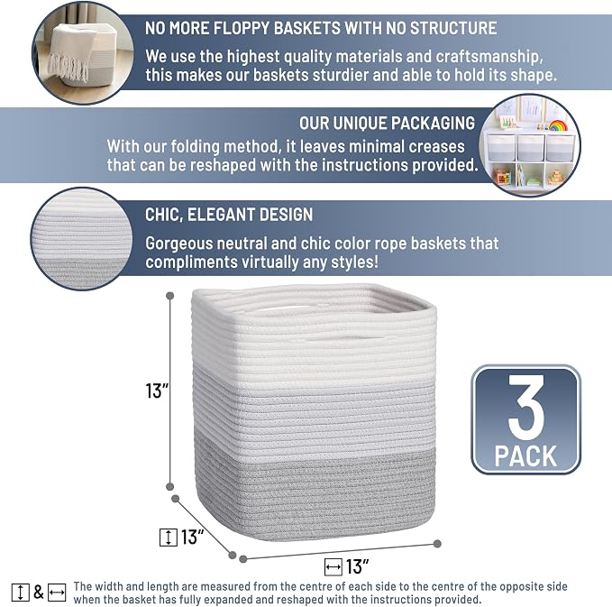 NaturalCozy 13 Inch Cube Storage Bins Cotton Rope Woven Baskets - Image 2