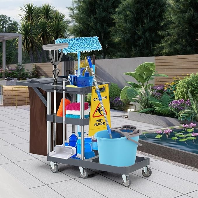 3 - Shelf Heavy - Duty Commercial Janitorial Cart - 16 - Gallon Trash Bag - Image 7