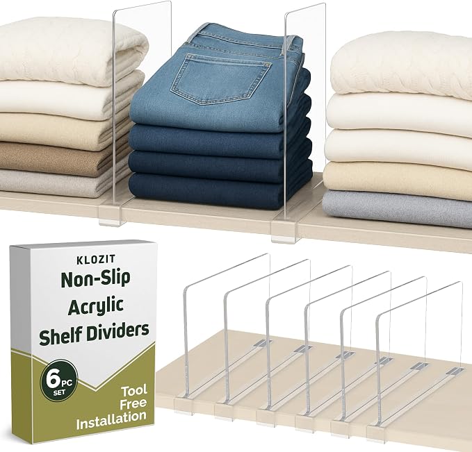 6- Pack Clear Acrylic Shelf Dividers-Non-Slip Closet Organizers by Unknown