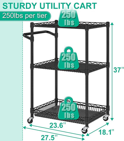 3 Tier Rolling Cart with Wheels, Metal Utility Cart - Image 5