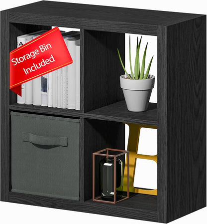 Bookshelf with Storage Bin, 4-Cube Storage Organizer, Modern Wood Open Bookcase by furtble