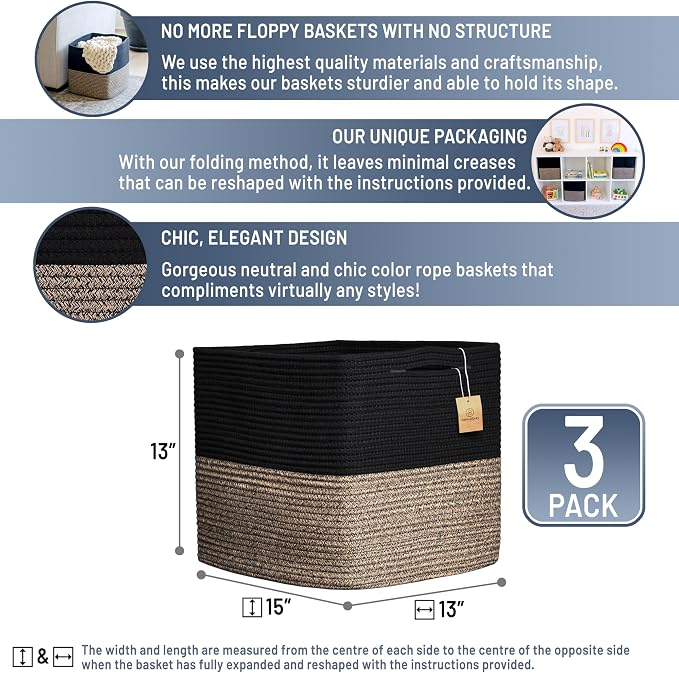 NaturalCozy 13x15x13 Kallax Storage Cubes Bins, 3 Pack | Cotton Rope Cube - Image 2