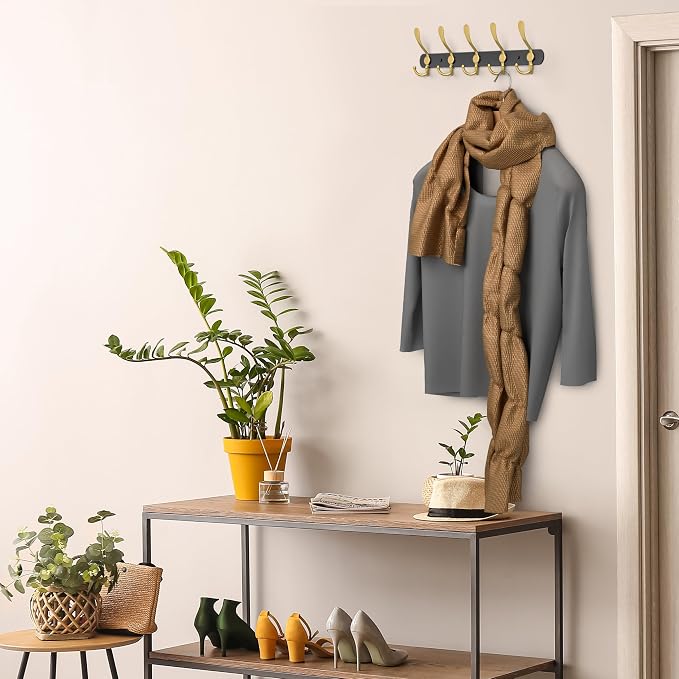 Coat Rack Wall Mount with 5 Tri Hooks, Stainless Steel 16 Inch – Black & Gold - Image 3