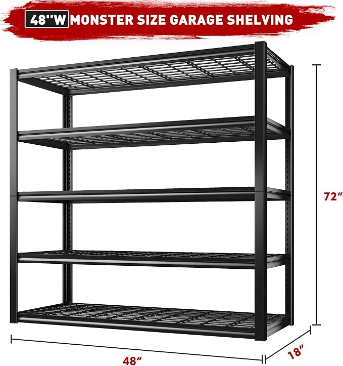 REIBII 48" W Garage Shelving Heavy Duty Load 2500LBS, 5 Tier Storage Shelves - Image 4