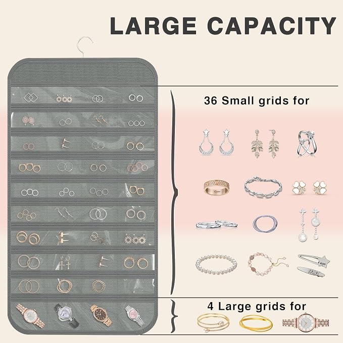Hanging Jewelry Organizer Storage, 40 Pockets 36 Hooks Necklace Earring - Image 6
