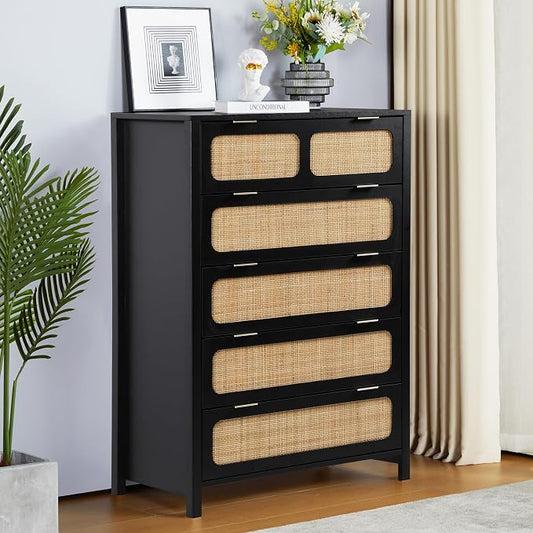 5 Drawer Dresser with Rattan Finish, Modern Farmhouse Chest of Drawers with by YUCHIATHSoulFurniture