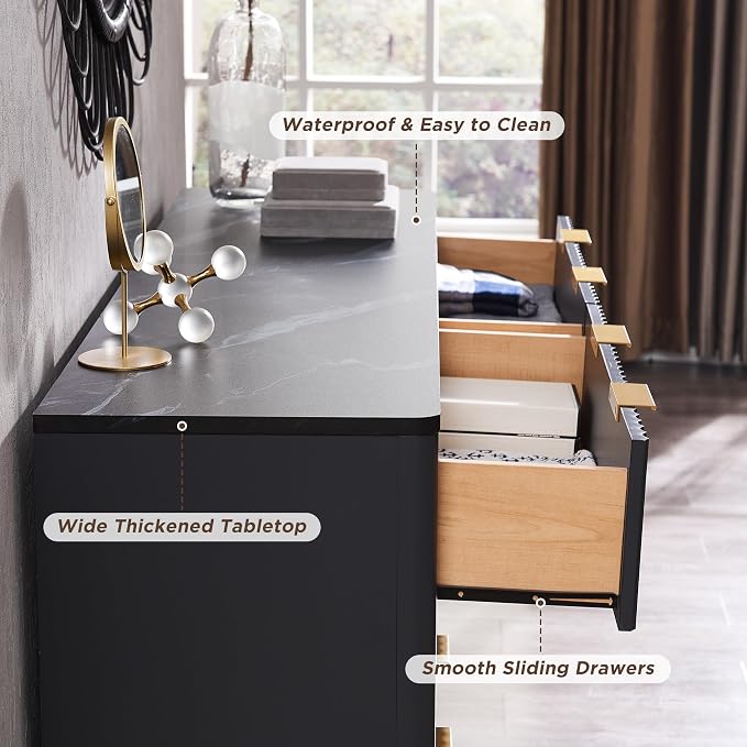T4TREAM Fluted 6 Drawers Dresser, Curved Profile Design, Dresser TV Stand - Image 5