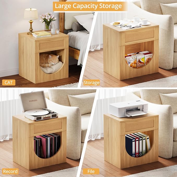 End Table with Drawer, 20 Inch Artificial Rattan Night Stand - Image 3