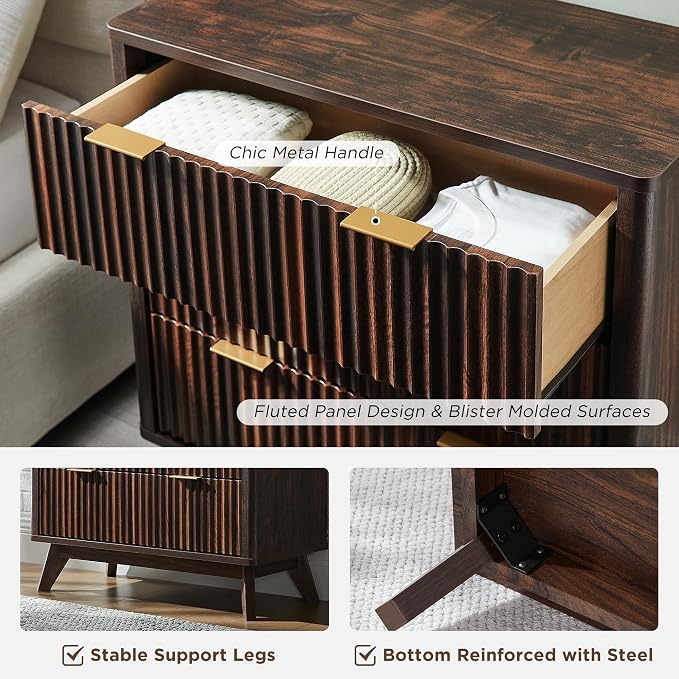 T4TREAM Fluted 3 Drawer Dresser, Curved Profile Design, Wood Drawer Organizer - Image 6