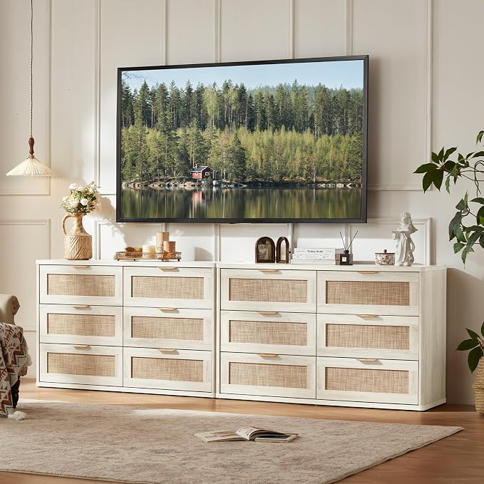LEYAOYAO Rattan Dresser for Bedroom Set of 2, Boho 48" Wide White Dresser Chest - Image 5